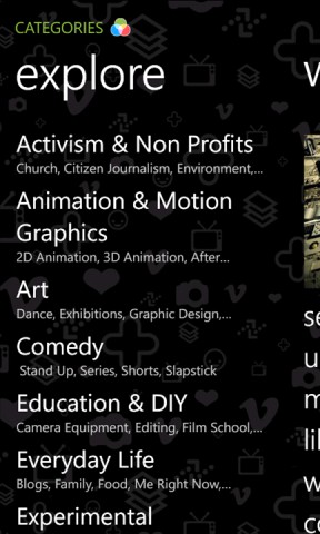 Screenshot application Vimeo officielle - catégories