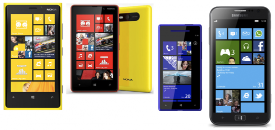 Windows Phone 8 : (de gauche à droite) Lumia 920, Lumia 820, (supposé) HTC 8X, ATIV S