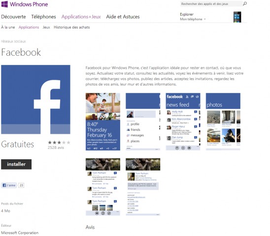 Facebook pour Windows Phone 8 sur le Store