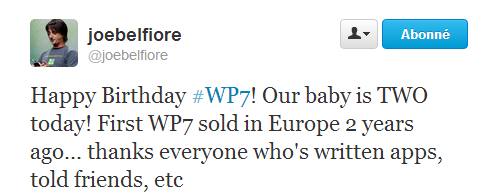 Tweet de Joe Belfiore pour les 2 ans du système Windows Phone